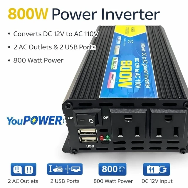 Alt view image 4 of 5 - High-Power DC to AC Power Inverter 12V to 110V Converter with Dual USB Ports, Dual AC Outlets, Cigarette Lighter Adapter, Battery Cable for Cars, Trucks, RVs, Home Backup (Black, 800W)