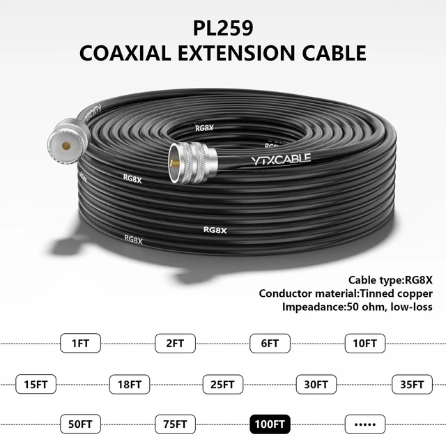 Alt view image 3 of 5 - YTXCABLE RG8X Coaxial Cable Optional, UHF Male to UHF Female Connector Jumper Cable, Low Loss 50 Ohm for CB HAM Radio, HF VHF Radio, Antenna Analyzer, SWR Meter (SO239 to PL259 RG8x, 100FT)