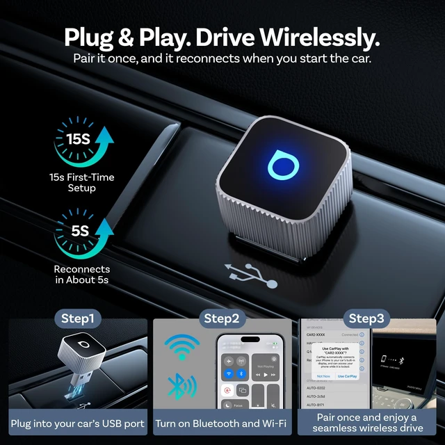 Alt view image 3 of 5 - OTTOCAST Mini Cube Wireless CarPlay Adapter & Android Auto Adapter