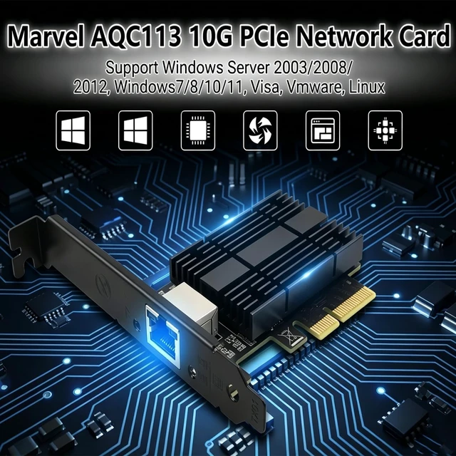 Alt view image 4 of 5 - 10Gb NIC PCIe Network Card with AQC113 Chip, 10G/5G/2.5G Network Adapter Card, PCI Express X4,X8,X16, PCIE Gigabit Ethernet Card for Windows 10/11, Linux Kernel 5.16.18/RHEL8.6, VMware ESXi8.0