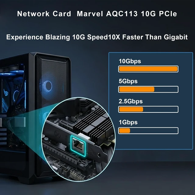 Alt view image 5 of 5 - 10Gb NIC PCIe Network Card with AQC113 Chip, 10G/5G/2.5G Network Adapter Card, PCI Express X4,X8,X16, PCIE Gigabit Ethernet Card for Windows 10/11, Linux Kernel 5.16.18/RHEL8.6, VMware ESXi8.0