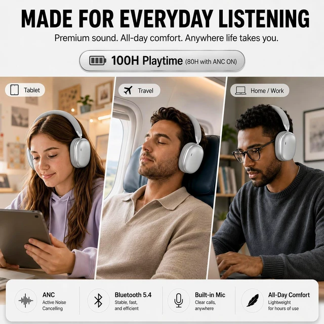 Alt view image 5 of 5 - Wireless Over Ear Headphones,Active Noise Cancelling,Bluetooth 100H,Silver