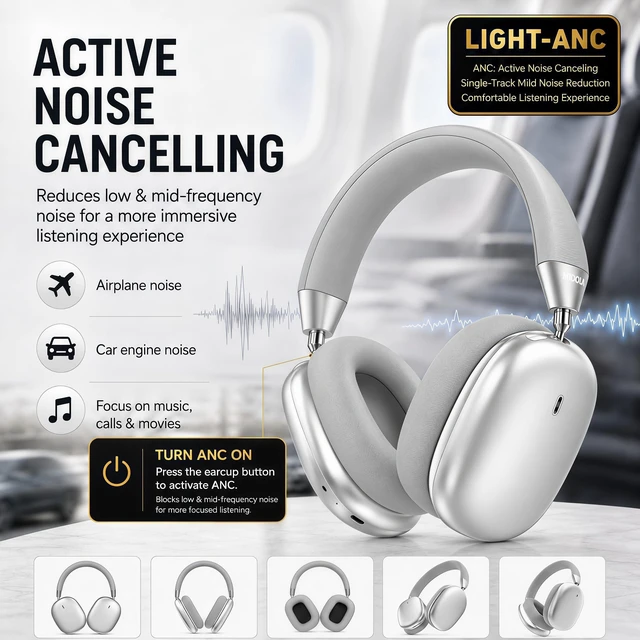 Alt view image 4 of 5 - Wireless Over Ear Headphones,Active Noise Cancelling,Bluetooth 100H,Silver