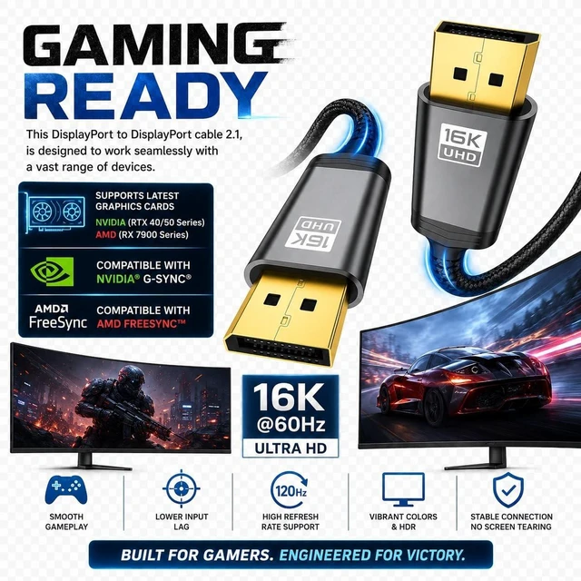Alt view image 3 of 5 - BRENDAZ DisplayPort Cable 2.1 10-Ft. (2-Pack) 80Gbps, 6K@60Hz, 8K@240Hz, DP Cord, Compatible with RX 7900, RTX 5090 Gaming, Monitor, FreeSync, G-Sync, TV (2pk, 9.84-Feet.)
