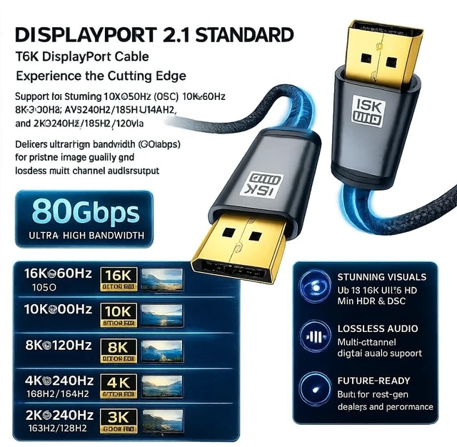 Alt view image 2 of 5 - BRENDAZ DisplayPort Cable 2.1 10-Ft. (2-Pack) 80Gbps, 6K@60Hz, 8K@240Hz, DP Cord, Compatible with RX 7900, RTX 5090 Gaming, Monitor, FreeSync, G-Sync, TV (2pk, 9.84-Feet.)