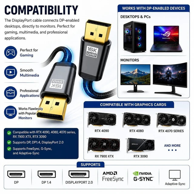Alt view image 4 of 5 - BRENDAZ DisplayPort Cable 2.1 10-Ft. (2-Pack) 80Gbps, 6K@60Hz, 8K@240Hz, DP Cord, Compatible with RX 7900, RTX 5090 Gaming, Monitor, FreeSync, G-Sync, TV (2pk, 9.84-Feet.)