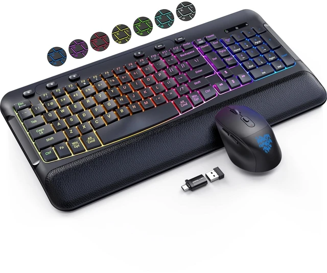 Main image of Wireless Keyboard Mouse Set, 9 RGB Backlit, Wrist Rest,Wave Quiet Keys