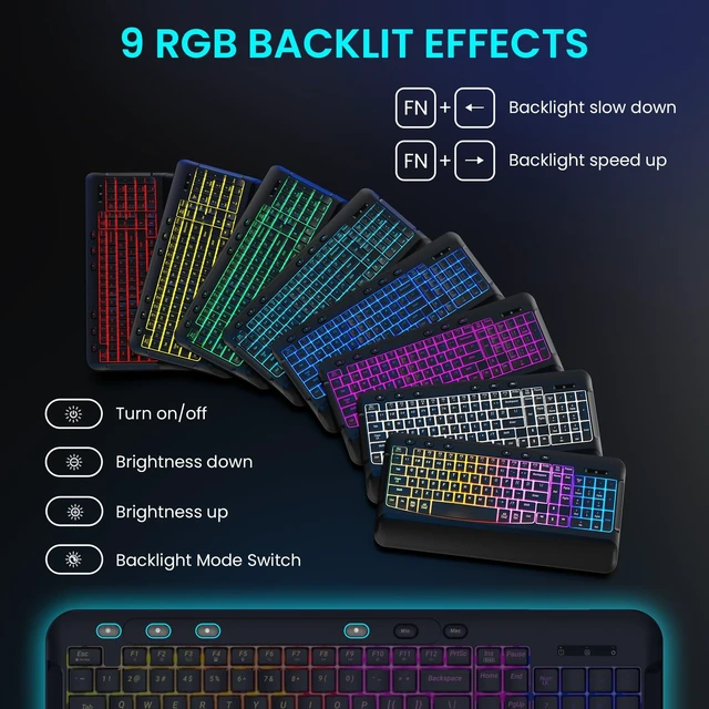 Alt view image 2 of 5 - Wireless Keyboard Mouse Set, 9 RGB Backlit, Wrist Rest,Wave Quiet Keys