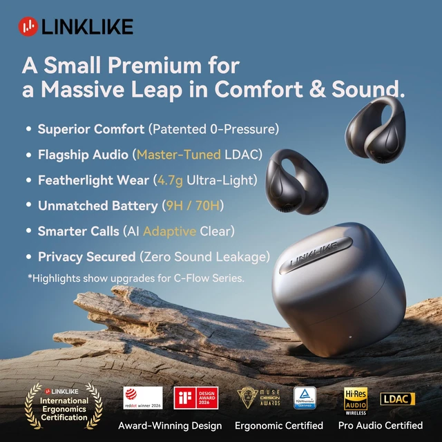 Alt view image 2 of 5 - Linklike C-Flow Open Ear Clip-on EarbudsAll-Conditions Wearable TechGray