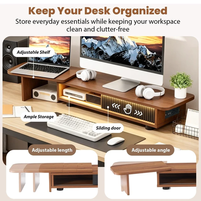 Alt view image 4 of 5 - Artswish Dual Monitor Stand with Power Outlet, Brown Desk Monitor Riser