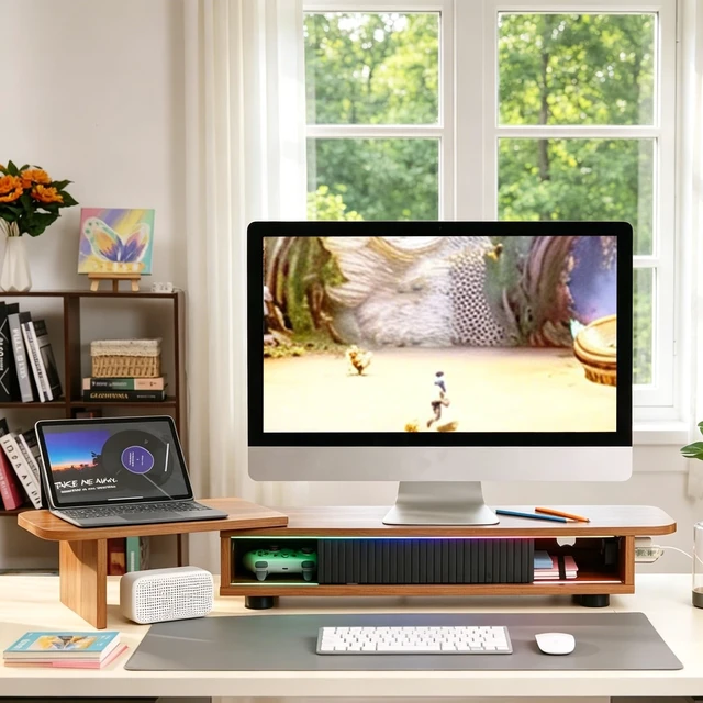 Alt view image 3 of 5 - Artswish Dual Monitor Stand with Power Outlet, Brown Desk Monitor Riser