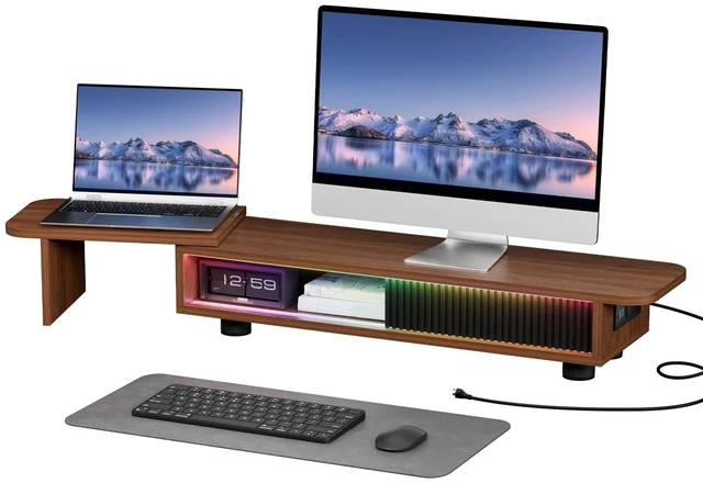 Main image of Artswish Dual Monitor Stand with Power Outlet, Brown Desk Monitor Riser