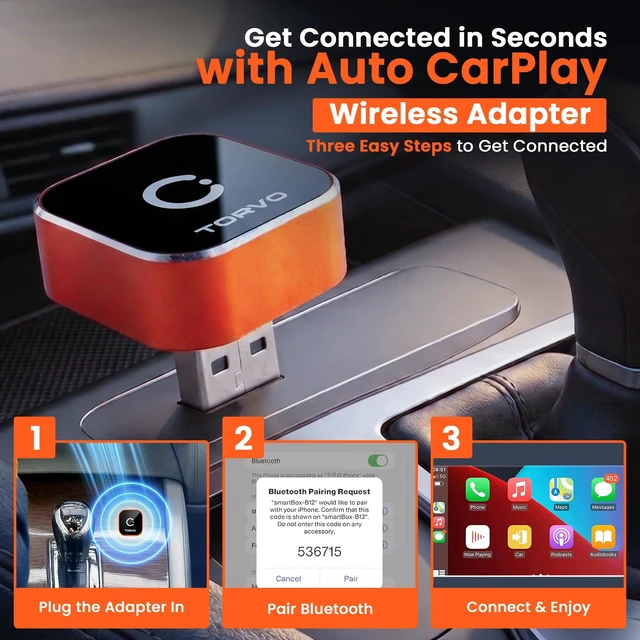 Alt view image 3 of 5 - TORVO Mini Wireless CarPlay Adapter for Car Wireless Android Auto, Plug & Play USB-A/USB-C, 5GHz WiFi, OTA Update, CarPlay Adapter for iPhone, Wireless Car Play Dongle Compatible