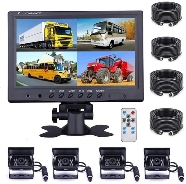 Main image of Camecho Vehicle Backup Camera 9 Inch 4 Split Monitor+ 4 Cameras with Front & Rear View Camera 18 IR Night Vision Waterproof Auto Camera with 2x33 ft and 2x65 ft Cables for RV, Trailer, Bus,Trucks