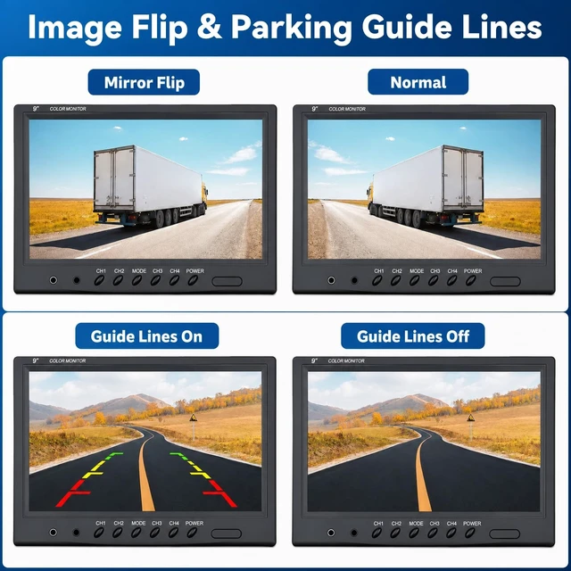Alt view image 2 of 5 - Camecho Vehicle Backup Camera 9 Inch 4 Split Monitor+ 4 Cameras with Front & Rear View Camera 18 IR Night Vision Waterproof Auto Camera with 2x33 ft and 2x65 ft Cables for RV, Trailer, Bus,Trucks