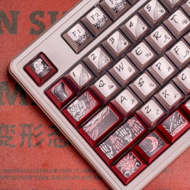 Main image of Metal Paint PBT Keycaps, 122Keys Red White Retro Cherry Profile Keycaps Set