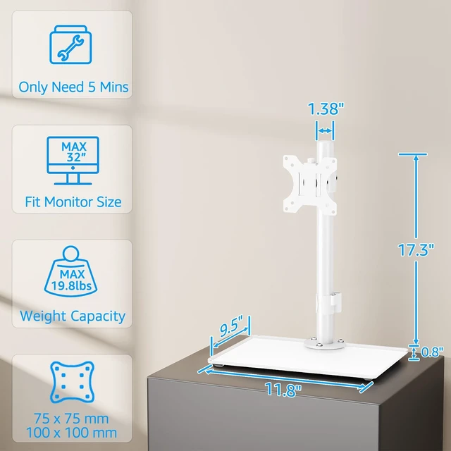 Alt view image 2 of 5 - MOUNTUP Monitor Stand for Desk, Freestanding Monitor Mount Fits 13-32 inch Screen up to 19.8 lbs, Screen Stand with Swivel, Height, Rotation Adjustment, VESA Mount 100 x 100mm, 75 x 75mm