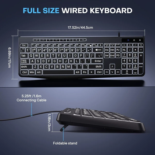 Alt view image 5 of 5 - TECURS Large Print Backlit Keyboard, Wired Computer Keyboard