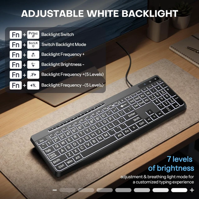 Alt view image 4 of 5 - TECURS Large Print Backlit Keyboard, Wired Computer Keyboard