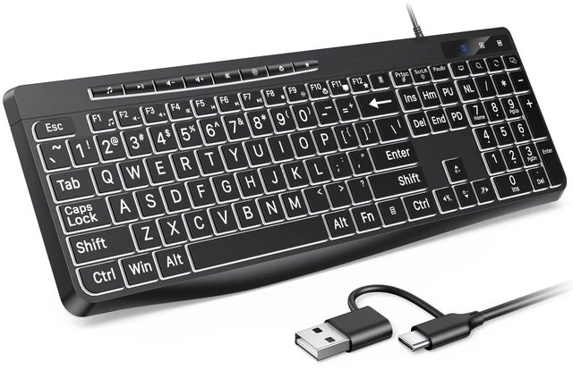 Main image of TECURS Large Print Backlit Keyboard, Wired Computer Keyboard