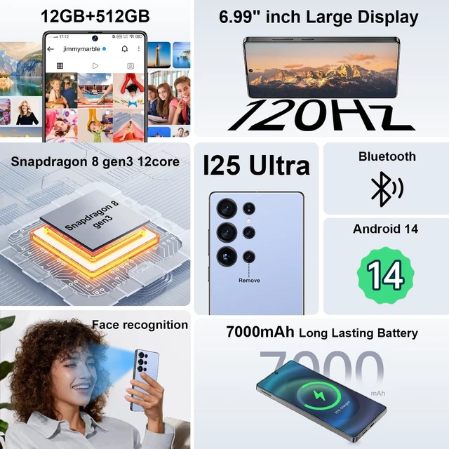 Alt view image 2 of 5 - zrchjm I25 Ultra 5G Unlocked Smartphone,16GB+512GB 7000mAh Fully Cell Phone for Android 14, 6.99" HD Screen Unlocked Cell Phone, 68MP+108MP Dual Camera/Dual SIM/Fingerprint (Titanium Blue)