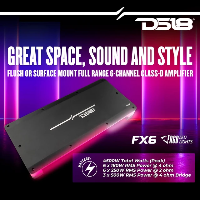 Alt view image 2 of 5 - DS18 FX6 6-Channel Amplifier with Acrylic Cover and Flush Mount with RGB Dream LED Lights for Custom Installation - Class D 6 X 180 Watts @ 4 Ohm 4500W Peak Power - Versatile Installation Options
