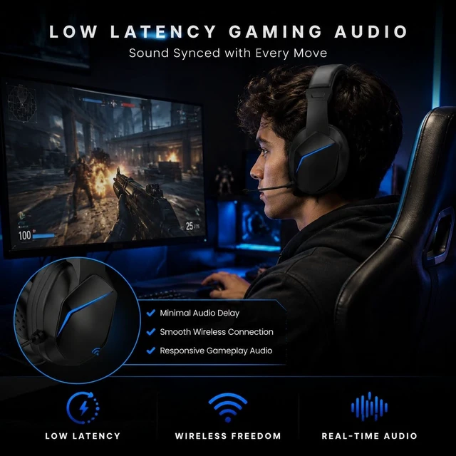 Alt view image 2 of 5 - LAISANIM Wireless BT Gaming Headset Over-Ear with 40mm Drivers and LED Lights - Low Latency Sound Sync, Omnidirectional Microphone for Esports and Live Streaming