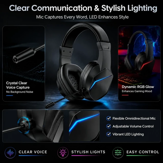 Alt view image 5 of 5 - LAISANIM Wireless BT Gaming Headset Over-Ear with 40mm Drivers and LED Lights - Low Latency Sound Sync, Omnidirectional Microphone for Esports and Live Streaming