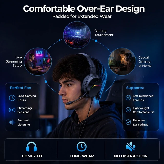 Alt view image 4 of 5 - LAISANIM Wireless BT Gaming Headset Over-Ear with 40mm Drivers and LED Lights - Low Latency Sound Sync, Omnidirectional Microphone for Esports and Live Streaming