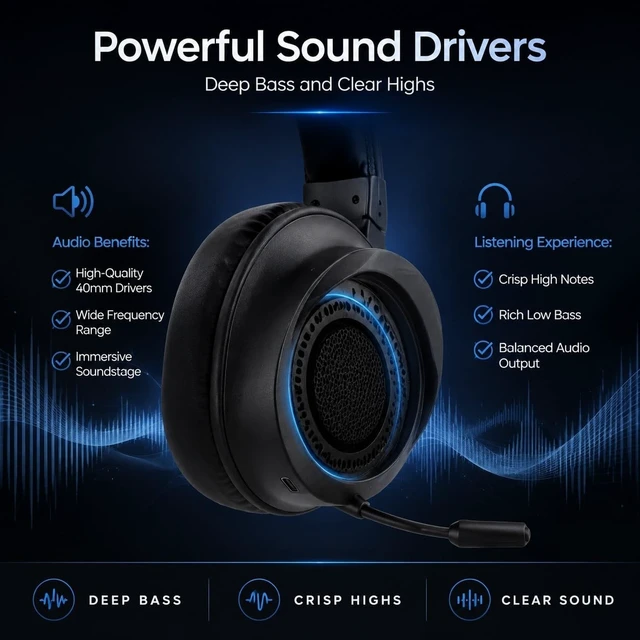 Alt view image 3 of 5 - LAISANIM Wireless BT Gaming Headset Over-Ear with 40mm Drivers and LED Lights - Low Latency Sound Sync, Omnidirectional Microphone for Esports and Live Streaming
