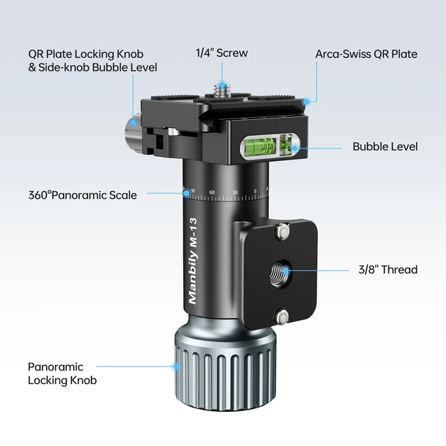 Alt view image 3 of 5 - Manbily M-13 Monopod Heads Gimbal for Camera Monopod Tripod, Arca Swiss Adapter & Quick Relate Plate, Compatible with Telephone Lens for Bird Watching Panoramic, CNC Aluminum 1/4 3/8 Max Load 22 lbs