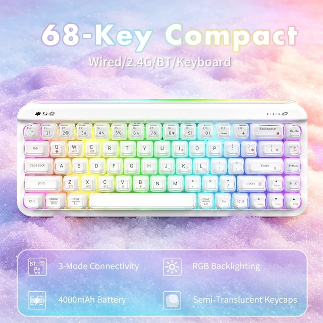 Alt view image 2 of 5 - AJAZZ AF68 60% Wireless Gaming Keyboard, Tri Mode, Custom Light Bars, White