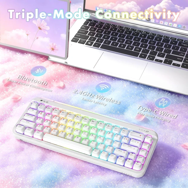 Alt view image 3 of 5 - AJAZZ AF68 60% Wireless Gaming Keyboard, Tri Mode, Custom Light Bars, White