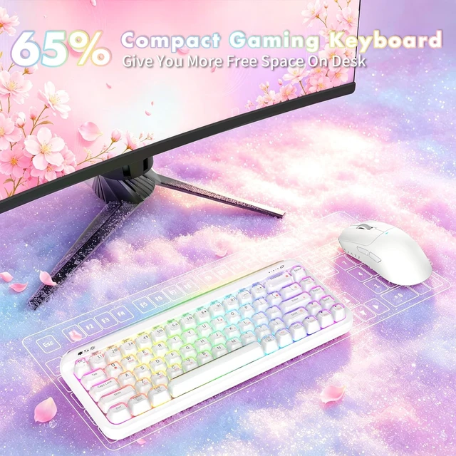 Alt view image 5 of 5 - AJAZZ AF68 60% Wireless Gaming Keyboard, Tri Mode, Custom Light Bars, White