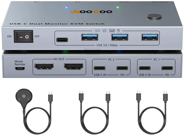 Main image of USB-C KVM Switch 2 Laptops 2 Monitors, 4K@60Hz Dual Monitor KVM Switch Sharing 2 Screens and 4 USB3.0 Devices, with 100W PD,Wired Remote Control and USB C Cables