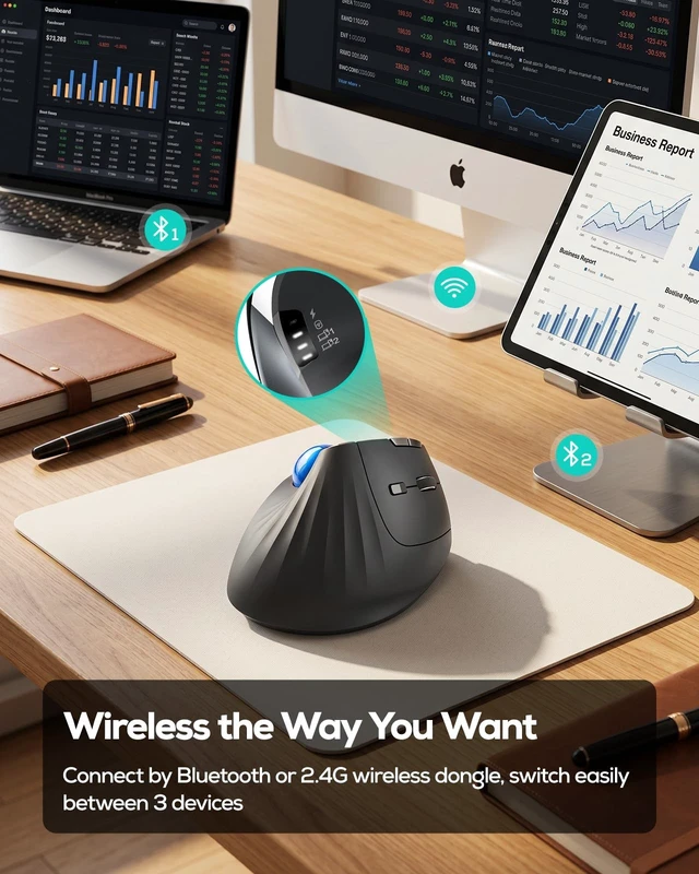 Alt view image 4 of 5 - Nulea Wireless Trackball Mouse, 54 Vertical Ergonomic Thumb Control-Blue