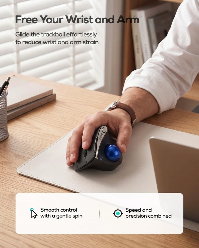 Alt view image 3 of 5 - Nulea Wireless Trackball Mouse, 54 Vertical Ergonomic Thumb Control-Blue