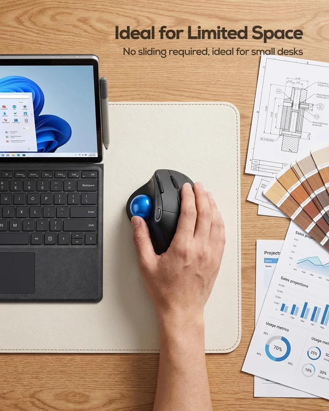 Alt view image 5 of 5 - Nulea Wireless Trackball Mouse, 54 Vertical Ergonomic Thumb Control-Blue