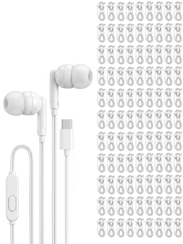 Main image of Pearl 100 Pack USB C Headphones Wired Earbuds Bulk for iPhone 17 16 15 Pro Max Plus, Galaxy, Chromebook, iPad, Type C Wired Headphones No Microphone for Schools Classroom Donation Events, White