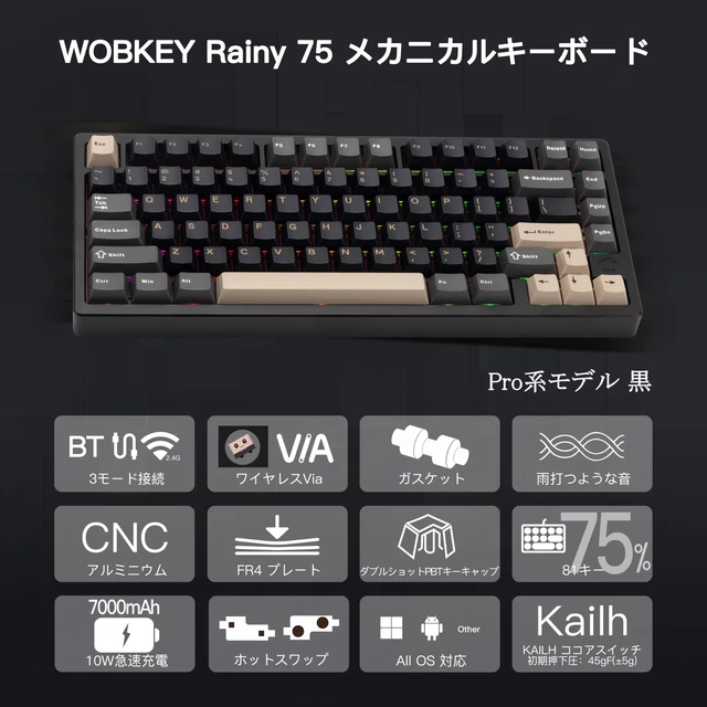 Alt view image 3 of 5 - KIBU WOBKEY Rainy75 75% Tri-Mode Mechanical Keyboard, CNC Aluminum Custom Wireless Keyboard, Hot Swappable, VIA Programmable,Cocoa Switch, RGB Backlit,BT/2.4G/Wired for Mac/Win(Pro Black)