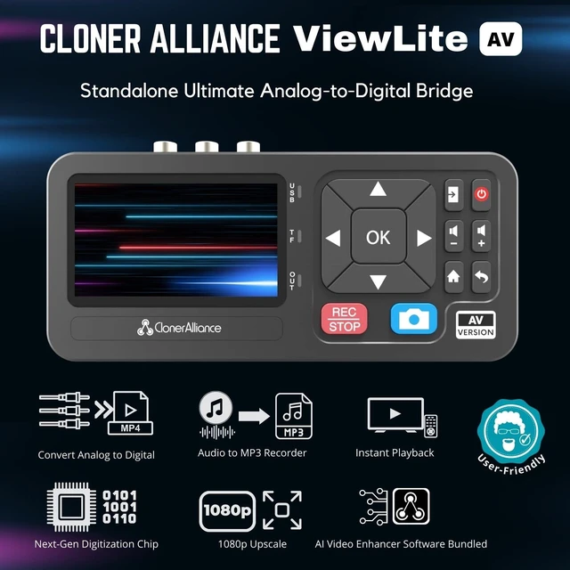 Alt view image 2 of 5 - ClonerAlliance ViewLite AV, Portable Analog to Digital MP4/MP3 Video & Audio Converter with Remote. Capture CVBS/S-Video/RCA/Composite. VHS/Set-top TV Box/Retro Gaming/Hi8 Recorder. No PC Required.