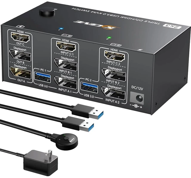 Main image of KVM Switch 3 Monitors 2 Computers 8K@60Hz 4K@144Hz,MLEEDA 3 Monitor KVM Switch for 2 Computers Share 3 Monitors and 4 USB 3.0 Device,with Wired Remote,USB Cable and 12V Power Adapter