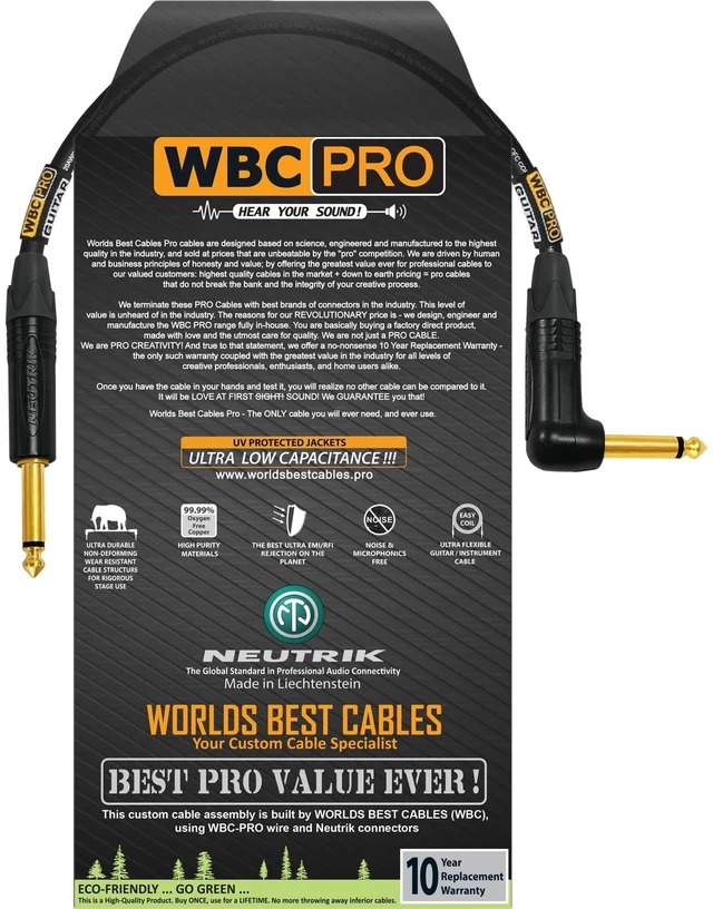 Main image of 12 Inch - WBC-PRO-Guitar 20 AWG - Low-Cap (18pF/ft) Pro-Grade Graphite-Based - Dual-Shielded Guitar, Bass, Instrument Cable with Neutrik Straight to Angled Inch (6.35mm) Gold TS Connectors