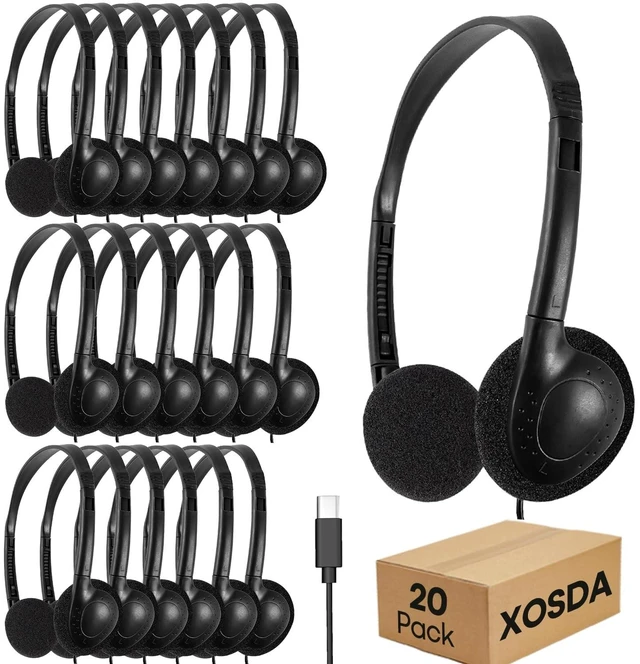 Main image of XOSDA USB C Headphones Bulk 20 Pack for Classroom School Kids Students, On-Ear Wired Type C Headset for Children Travel Testing Compatible with Tablet Smartphones (LS857C,20 Black)