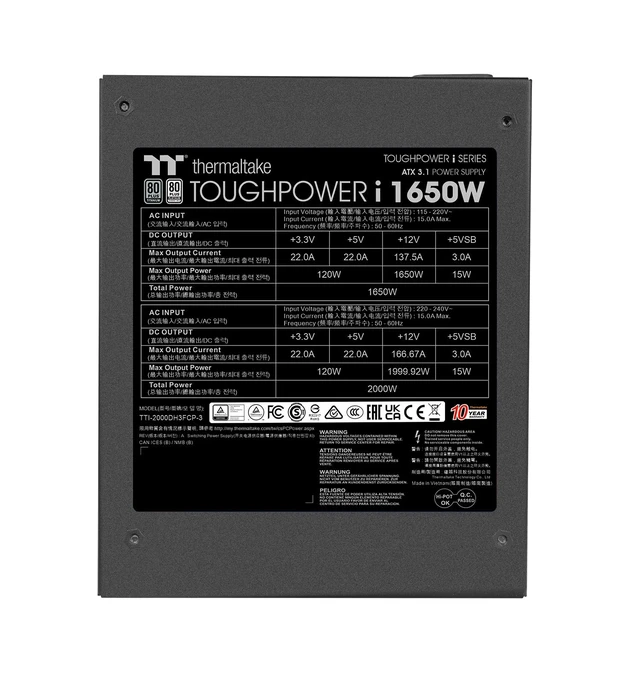 Alt view image 3 of 5 - Thermaltake Toughpower i1650W; ATX 3.1; 4X Native PCIe 5.1 12V-2x6; Dual-Color H++ Connectors; 100% Japanese Capacitors; Multi/Single Rail Switching; Digital; 80 Plus Titanium; PS-TPI-1650FN