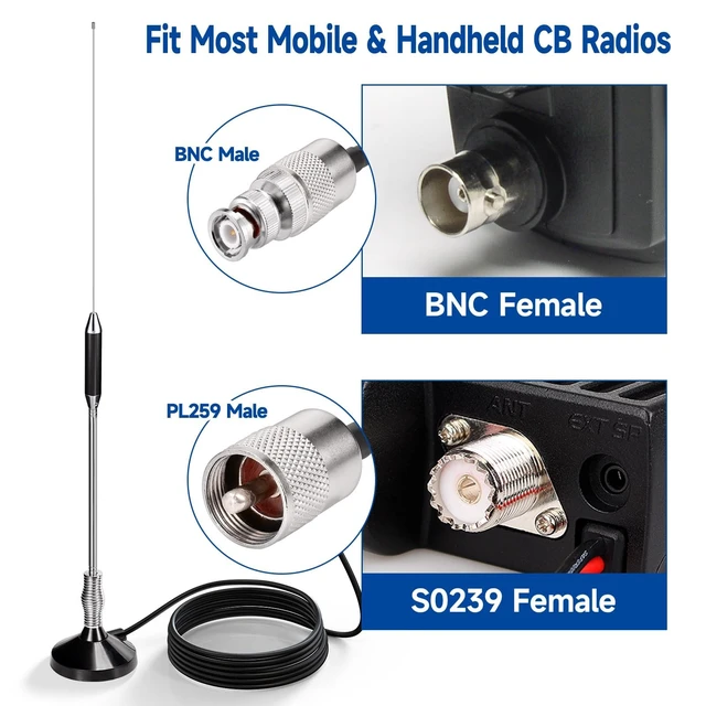 Alt view image 3 of 5 - Bingfu CB Radio Antennas 27MHz - PL259 & BNC Male Truck Antenna Kit Magnetic Base - Compatible with Galaxy Uniden Bearcat Cobra Radioddity Texas Ranger RoadKing Mobile CB Radio