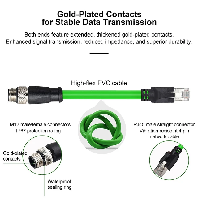 Alt view image 5 of 5 - ZBLZGP M12 D-Code 4-Pin Male to RJ45 Industrial Ethernet Cable, 10M (32.8ft), 24AWG CAT5e SFTP Shielded PVC, IP67 Waterproof, for Profinet, Cognex, Keyence, Basler Vision Camera & Automation