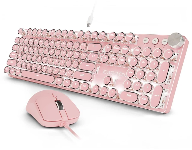 Main image of Wired Typewriter Keyboard and Mouse Combo, White Backlit, Soft Clack, Pink