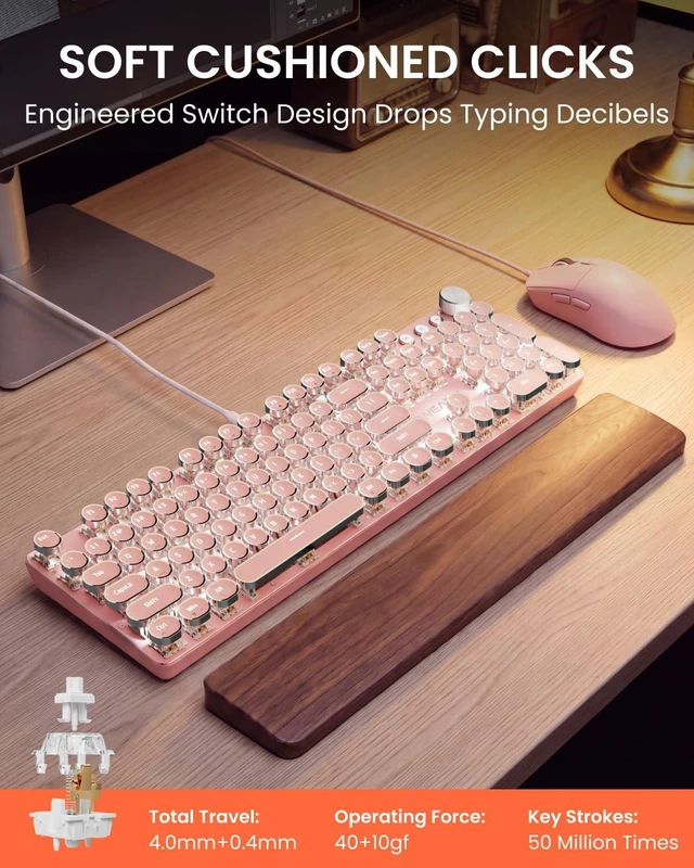 Alt view image 2 of 5 - Wired Typewriter Keyboard and Mouse Combo, White Backlit, Soft Clack, Pink