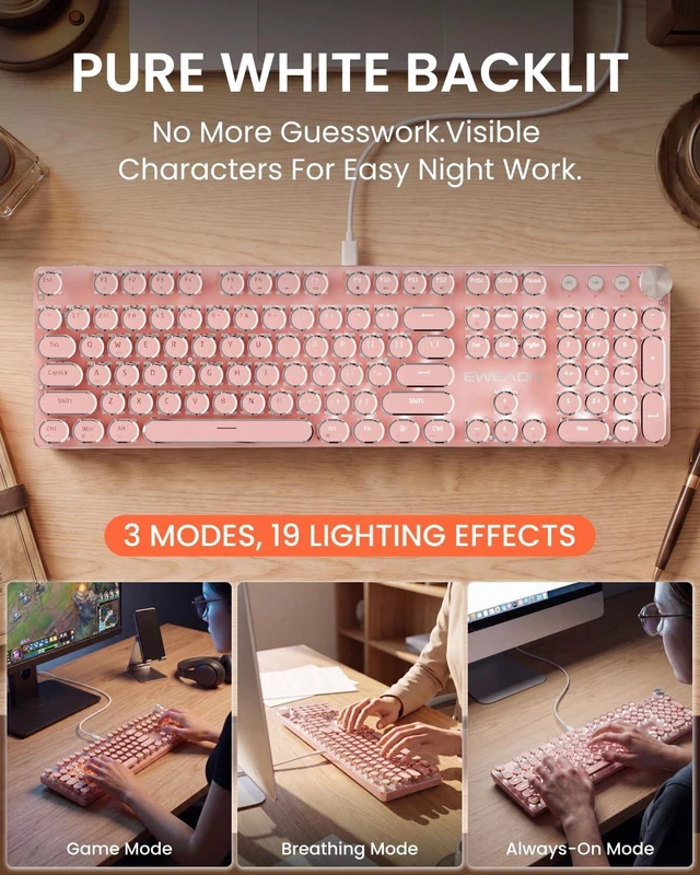 Alt view image 3 of 5 - Wired Typewriter Keyboard and Mouse Combo, White Backlit, Soft Clack, Pink
